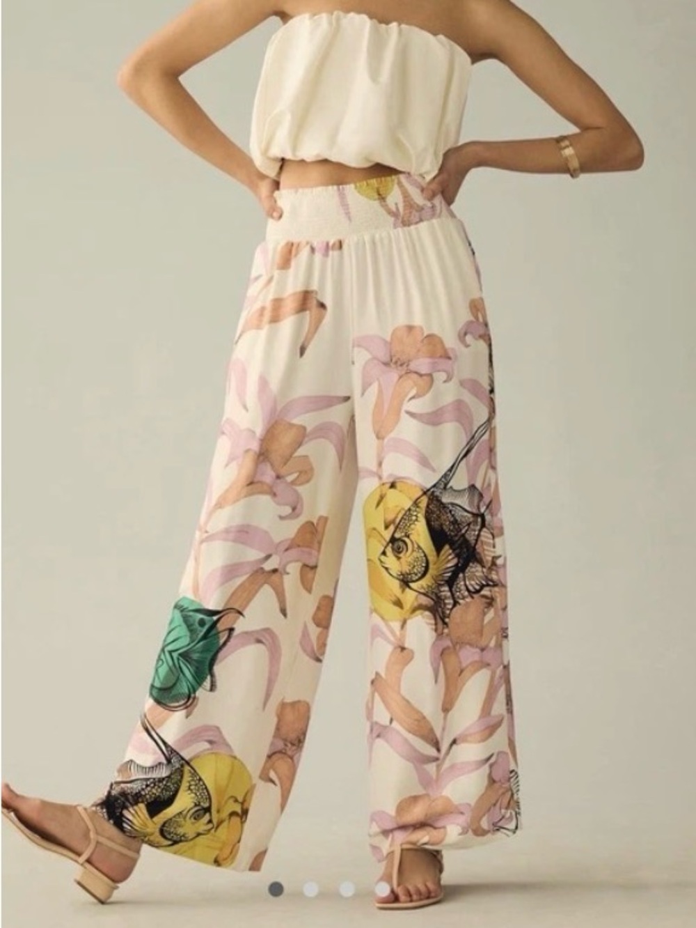 Maeve Cream Floral & Illustrated Wide-Leg Pants - Picture 1 of 3